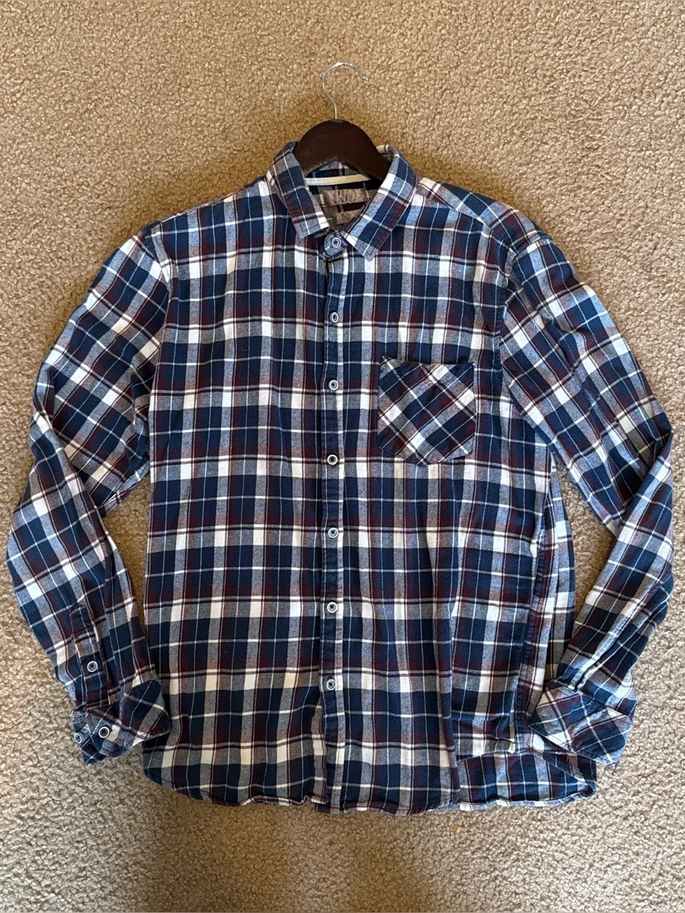 “Truly” Navy blue and white plaid button-up flannel